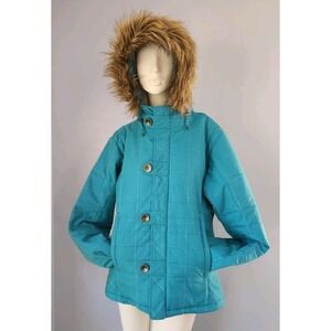 BETTY RIDES Snowboard Ski Jacket‎ Blue Aqua Removable Fur Hood Coat Winter LARGE